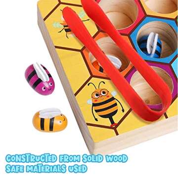 Avenor Toddler Fine Motor Skills Toy for 3 4 5 Year Old - Clamp Bee to Hive Matching Game - Montessori Wooden Color Sorting Early Learning Preschool Educational Gift Toys for 3+ Years Old Kids