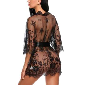 Avidlove black lace robe women Women's Lace Kimono Robe Babydoll Lingerie Mesh Nightgown Black S