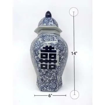 14" Classic Blue and White Porcelain Floral Temple Ginger Jar Vase, China Ming Style, Double Happine...