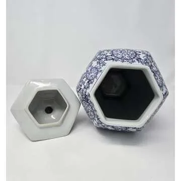 14" Classic Blue and White Porcelain Floral Temple Ginger Jar Vase, China Ming Style, Double Happiness, Chinoiserie Vase, Hexagonal Jar