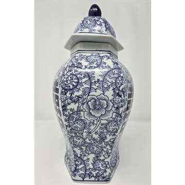 14" Classic Blue and White Porcelain Floral Temple Ginger Jar Vase, China Ming Style, Double Happiness, Chinoiserie Vase, Hexagonal Jar