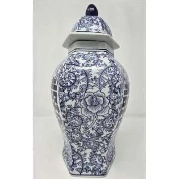 14" Classic Blue and White Porcelain Floral Temple Ginger Jar Vase, China Ming Style, Double Happiness, Chinoiserie Vase, Hexagonal Jar