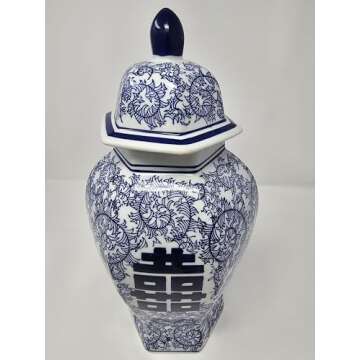 14" Classic Blue and White Porcelain Floral Temple Ginger Jar Vase, China Ming Style, Double Happiness, Chinoiserie Vase, Hexagonal Jar