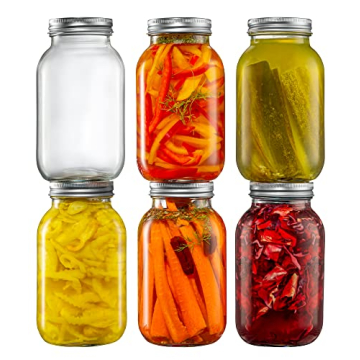 [6 Pack] 32 oz Regular-Mouth Glass Mason Jars for Canning, Preserving and Meal Prep