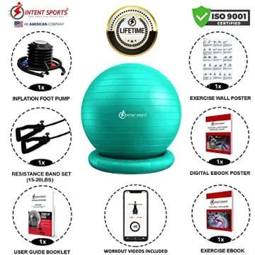 INTENT SPORTS Yoga Ball Chair – Stability Ball with Inflatable Stability Base & Resistance Bands, ...