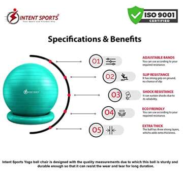 INTENT SPORTS Yoga Ball Chair – Stability Ball with Inflatable Stability Base & Resistance Bands, Fitness Ball for Home Gym, Office, Improves Back Pain, Core, Posture & Balance (65 cm) (Mint Green)