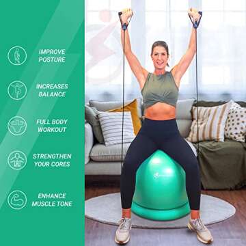 INTENT SPORTS Yoga Ball Chair – Stability Ball with Inflatable Stability Base & Resistance Bands, Fitness Ball for Home Gym, Office, Improves Back Pain, Core, Posture & Balance (65 cm) (Mint Green)
