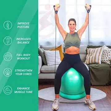 INTENT SPORTS Yoga Ball Chair – Stability Ball with Inflatable Stability Base & Resistance Bands, Fitness Ball for Home Gym, Office, Improves Back Pain, Core, Posture & Balance (65 cm) (Mint Green)