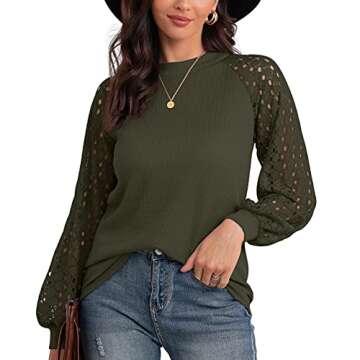 IWOLLENCE Women's Waffle Knit Blouse Puff Long Sleeve Lace Tops Casual Loose T Shirts Army Green Lar...