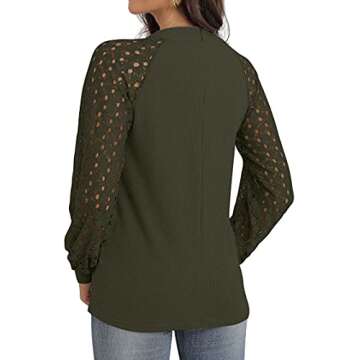 IWOLLENCE Waffle Knit Blouse Puff Sleeve Lace Tops Army Green