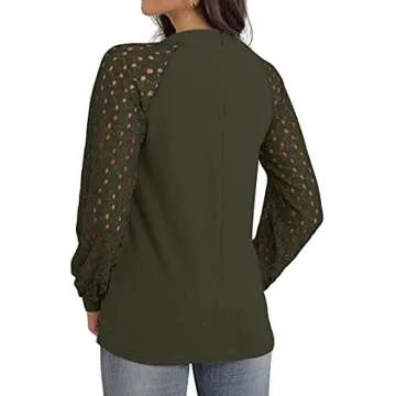 IWOLLENCE Waffle Knit Blouse Puff Sleeve Lace Tops Army Green