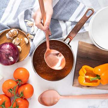 Rose Gold Kitchen Utensils -Sturdy Copper Utensils Set Includes: Copper Ladle, Copper Spoon, Skimmer & Turner- Rose Gold Kitchen Accessories & Copper Kitchen Accessories, Rose Gold Serving Utensils…
