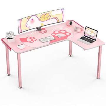 Eureka Ergonomic 61 inch L Shaped Desk, Pink Computer Gaming Desk Office Corner Desk for Home Office Study Writing Table with Mouse Pad, Easy Assembly (Right Side)