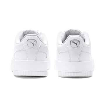 PUMA Womens Carina Leather Sneaker, PUMA Womens White-PUMA Womens White-PUMA Womens Silver, 8.5