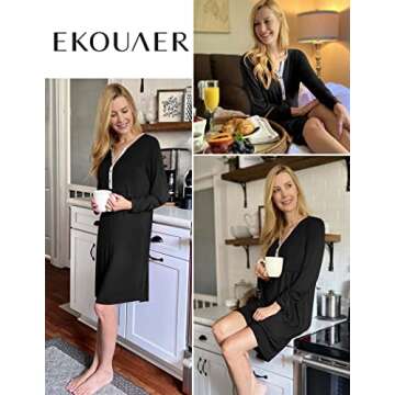 Ekouaer Women's Nightshirt Long Sleeve Button Down Nightgown Solid Color Sleepwear Pajama Dress Black L