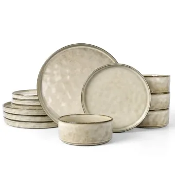 12 Piece LIANYU Dinnerware Set for 4 - Elegant Sandy Beige Plates & Bowls