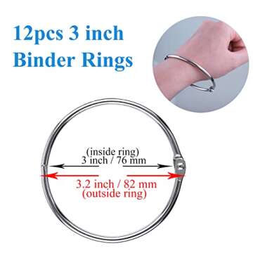 AKONEGE 3 Inch (12 Pack) Extra Large Metal Binder Rings for School and Office