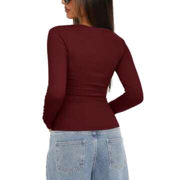 Darong Women's Long Sleeve Crew Neck Tops Casual Ruched Side Slim Fit Basic T Shirts Tee 9067 Wine R...