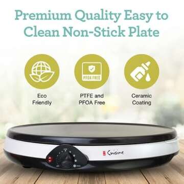 Euro Cuisine CM20 Electric Crepe Maker, 12-Inch Non-Stick Pancake Dosa Maker Machine, Electric Pancake Griddle Crepe Pan with Accessories