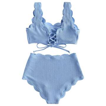 Women's Scalloped High Waisted Bikini Vintage Full Coverage Bottom Bathing Suit Swimwear SkyBlue