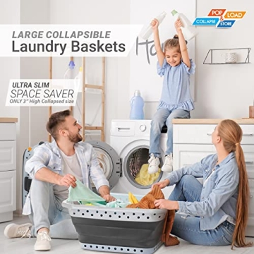 Pop & Load Collapse and Store Collapsible Plastic Laundry Basket, Large 1 pc Pop Up Laundry Hamper with 2 Comfort Grip Handles, 10.5 Gallons, Gray