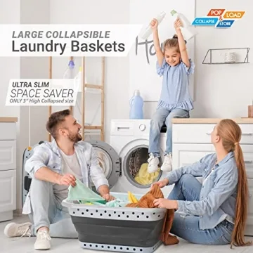 Pop & Load Collapse and Store Collapsible Plastic Laundry Basket, Large 1 pc Pop Up Laundry Hamper with 2 Comfort Grip Handles, 10.5 Gallons, Gray