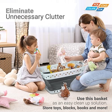 Pop & Load Collapse and Store Collapsible Plastic Laundry Basket, Large 1 pc Pop Up Laundry Hamper with 2 Comfort Grip Handles, 10.5 Gallons, Gray