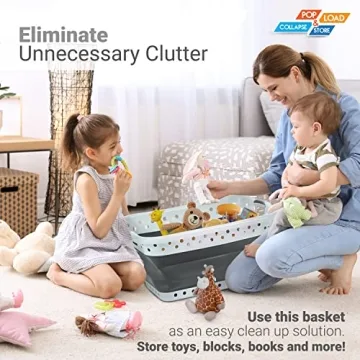 Pop & Load Collapse and Store Collapsible Plastic Laundry Basket, Large 1 pc Pop Up Laundry Hamper with 2 Comfort Grip Handles, 10.5 Gallons, Gray