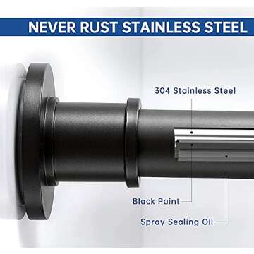 BRIOFOX Industrial Shower Curtain Rod - Never Rust Non-Slip 27-43 Inch Stainless Steel, Matte Black