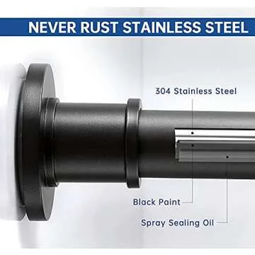 BRIOFOX Industrial Shower Curtain Rod - Never Rust Non-Slip 27-43 Inch Stainless Steel, Matte Black