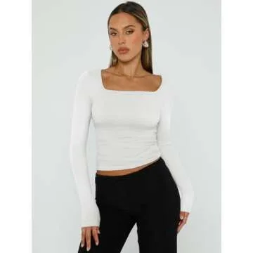 Trendy Queen Womens Long Sleeve Shirts Going Out Basic Crop Tops Fashion Y2k Workout Clothes Square Neck Fall Outfits White M