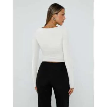 Trendy Queen Womens Long Sleeve Shirts Going Out Basic Crop Tops Fashion Y2k Workout Clothes Square Neck Fall Outfits White M