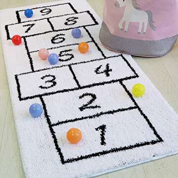 LIVEBOX Kids Play Mat,Hopscotch Area Rug Runner 2' x 5' Soft Plush Playroom Carpet Non-Slip Childrens Numbers Educational & Fun Throw Rugs for Bedroom Nursery Decor Best Shower Gift (White)