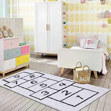 LIVEBOX Kids Play Mat,Hopscotch Area Rug Runner 2' x 5' Soft Plush Playroom Carpet Non-Slip Childrens Numbers Educational & Fun Throw Rugs for Bedroom Nursery Decor Best Shower Gift (White)