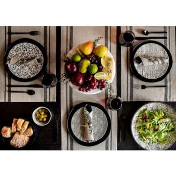 Solino Home French Linen Placemats Set of 4 – 100% Pure Linen Black and Natural Placemats 19" L x 14" W Inch – Machine Washable Stripe Placemats for Winter, Holiday Decor