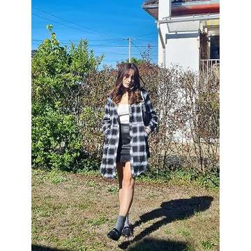 HOTOUCH Women's Flannel Shackets Mid-Long Style Roll-Up Sleeve Plaid Flannel Shirt (Black S)