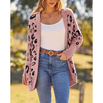 BTFBM Womens Cardigan Sweaters Long Sleeve Open Front Cardigans Fall Fashion Loose Knit Printed Outwear Winter Coats(Leopard Pink, X-Large)