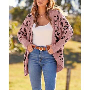 BTFBM Womens Cardigan Sweaters Long Sleeve Open Front Cardigans Fall Fashion Loose Knit Printed Outwear Winter Coats(Leopard Pink, X-Large)