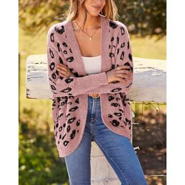 BTFBM Womens Cardigan Sweaters Long Sleeve Open Front Cardigans Fall Fashion Loose Knit Printed Outwear Winter Coats(Leopard Pink, X-Large)