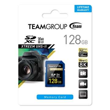 TEAMGROUP XTREEM 128GB UHS-II U3 V60 8K UHD Read/Write Speed up to 250/120MB/s SDXC Memory Card for Professional Vloggers, Filmmakers, Photographers & Content Curators TXSDXC128GIIV6001