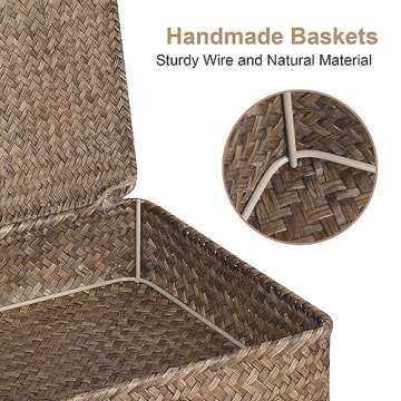 FOSSORH Set of 2 Flat Seagrass Storage Bins with Lid Wicker Storage Baskets for Organizing, Woven Shelf Organizer Bins Home Utility Organizer Box for Home & Office Supplies(Coffee)