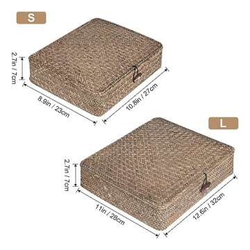 FOSSORH Set of 2 Flat Seagrass Storage Bins with Lid Wicker Storage Baskets for Organizing, Woven Shelf Organizer Bins Home Utility Organizer Box for Home & Office Supplies(Coffee)
