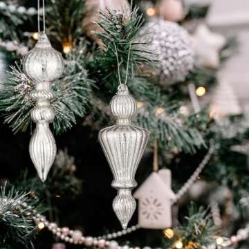 Mifoci 8 Pcs 6 Inch Mercury Glass Finial Christmas Ornaments Hanging Christmas Finials Glass Ornaments Assorted Mercury Decor for Vintage Holiday Christmas Tree Decoration(Silver)