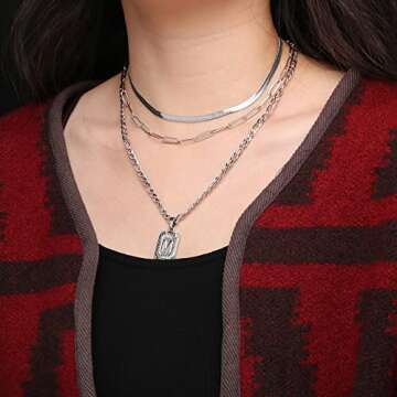 Memgift Layered Set Gold Necklace Pendant Necklace Necklace Dainty Trendy Paperclip Snake Choker Silver Stainless Steel Figaro Chain Layered Necklaces Jewelry Gifts Square Pendant Necklace Letter P