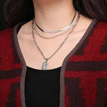 Memgift Layered Set Gold Necklace Pendant Necklace Necklace Dainty Trendy Paperclip Snake Choker Silver Stainless Steel Figaro Chain Layered Necklaces Jewelry Gifts Square Pendant Necklace Letter P