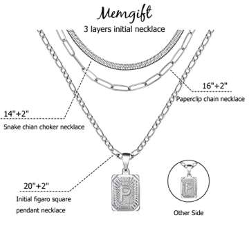 Memgift Layered Set Gold Necklace Pendant Necklace Necklace Dainty Trendy Paperclip Snake Choker Silver Stainless Steel Figaro Chain Layered Necklaces Jewelry Gifts Square Pendant Necklace Letter P