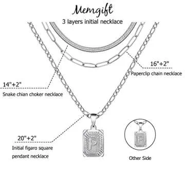 Memgift Layered Set Gold Necklace Pendant Necklace Necklace Dainty Trendy Paperclip Snake Choker Silver Stainless Steel Figaro Chain Layered Necklaces Jewelry Gifts Square Pendant Necklace Letter P