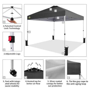 Crown Shades 10x10 Pop Up Canopy - Beach Tent with One Push Setup - Outdoor Sun Shade for Events, Parties, Camping - Gazebo with STO-N-Go Cover Bag, Silver Coated Top, 3 Height& 4 Sand Bags, Grey