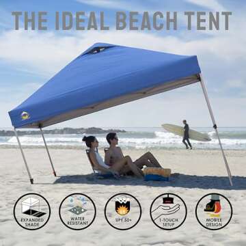 Crown Shades 10x10 Pop Up Canopy - Beach Tent with One Push Setup - Outdoor Sun Shade for Events, Parties, Camping - Gazebo with STO-N-Go Cover Bag, Silver Coated Top, 3 Height& 4 Sand Bags, Grey