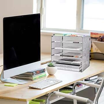 COSYAWN Paper Letter Tray Organizer, 5 Tier Mesh File Tray Desktop Paper Sorter, Silver